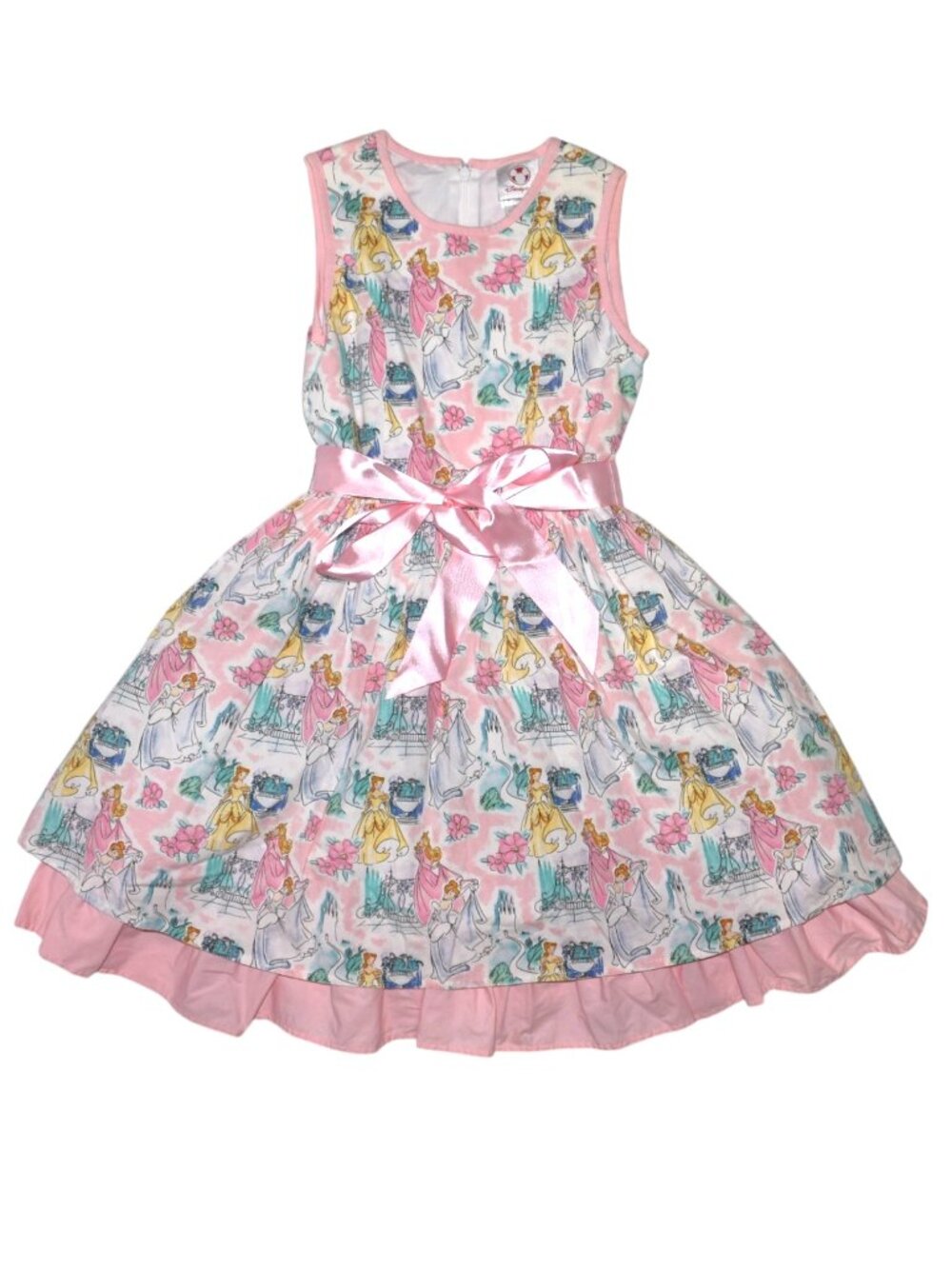 Disney Store Girls Size 8 Disney Princess Print Dress Pink Satin Bow Ruffle Hem